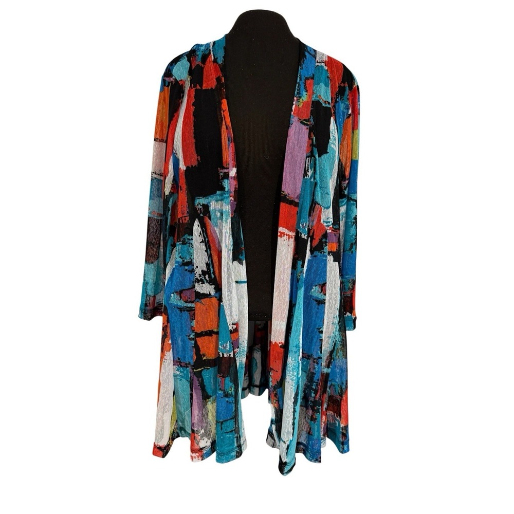 Ali Miles Women M Open Front Sheer Cardigan Abstract Artsy Lagenlook Flowy NWT
